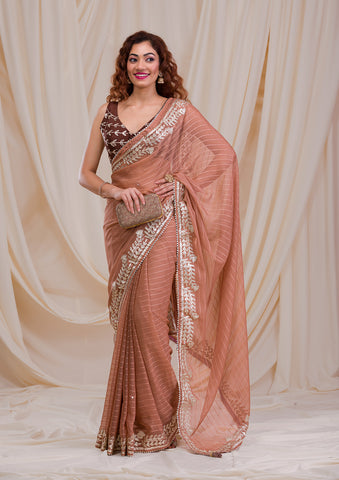 Party Look Radiant Georgette Fabric Saree In Peach Color